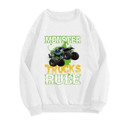Crewneck Sweatshirt "Monster Trucks Rule" Graphic - Oversized Casual Long-Sleeve Pullover, Bold Extreme Vehicle Statement Top for Men