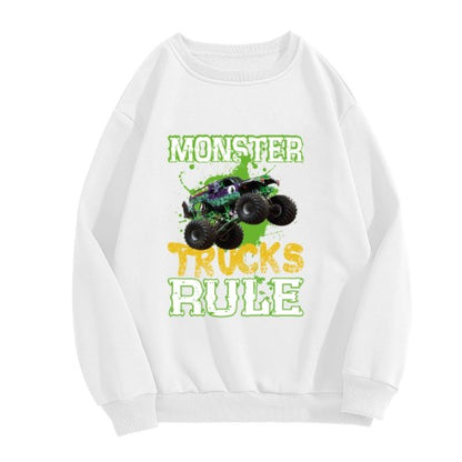 Crewneck Sweatshirt "Monster Trucks Rule" Graphic - Oversized Casual Long-Sleeve Pullover, Bold Extreme Vehicle Statement Top for Men
