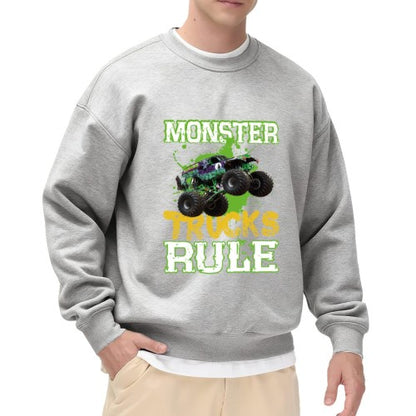 Crewneck Sweatshirt "Monster Trucks Rule" Graphic - Oversized Casual Long-Sleeve Pullover, Bold Extreme Vehicle Statement Top for Men