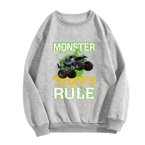 Crewneck Sweatshirt "Monster Trucks Rule" Graphic - Oversized Casual Long-Sleeve Pullover, Bold Extreme Vehicle Statement Top for Men