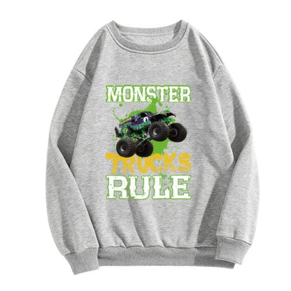 Crewneck Sweatshirt "Monster Trucks Rule" Graphic - Oversized Casual Long-Sleeve Pullover, Bold Extreme Vehicle Statement Top for Men