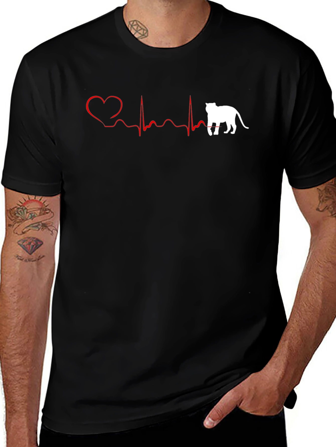 Cat Lovers Heartbeat T-Shirt - Black