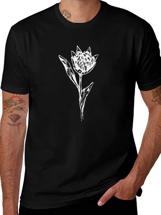 Black Graphic Tee with White Flower Print