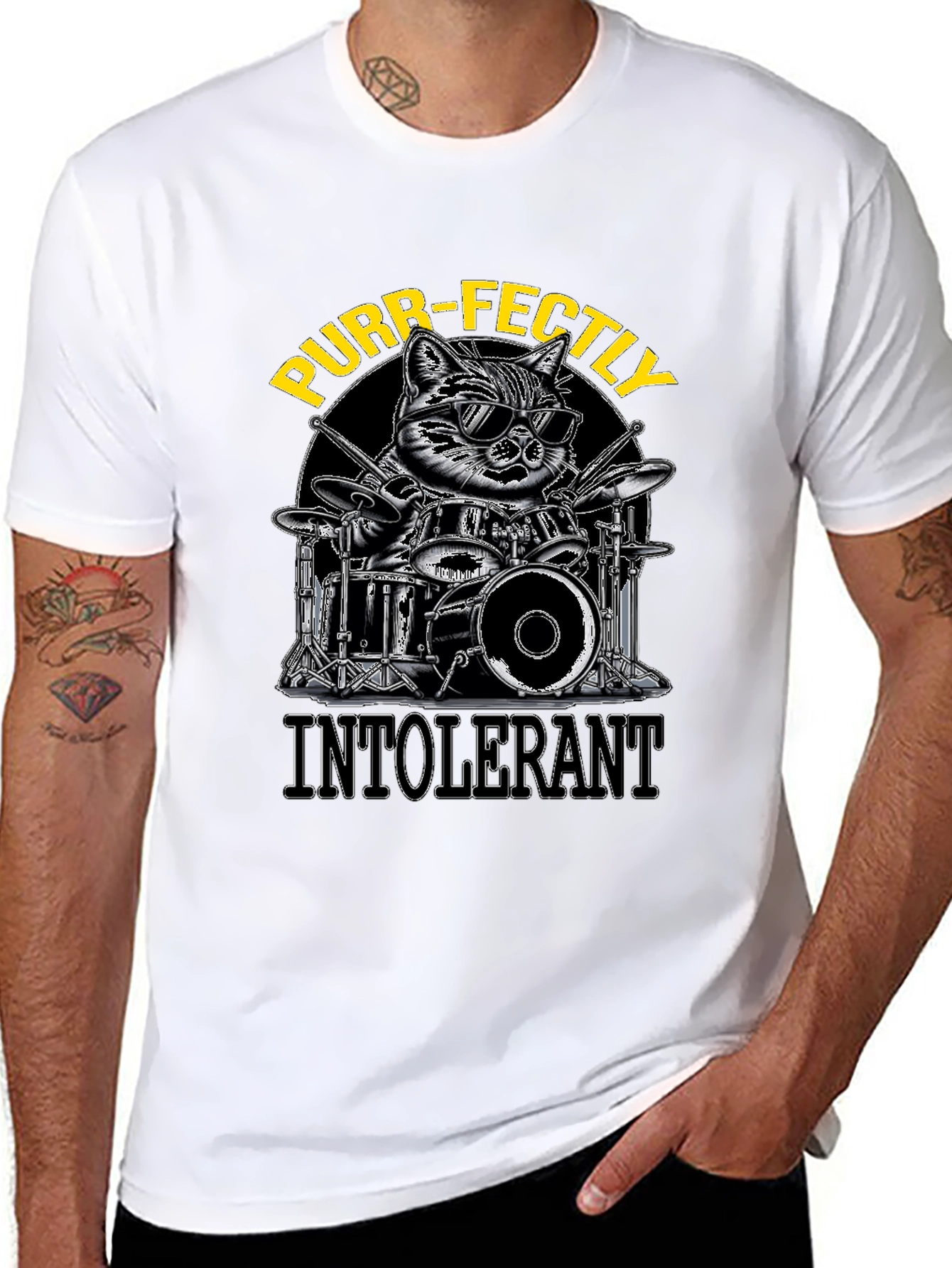 Purr-fectly Intolerant Cat Drummer T-Shirt