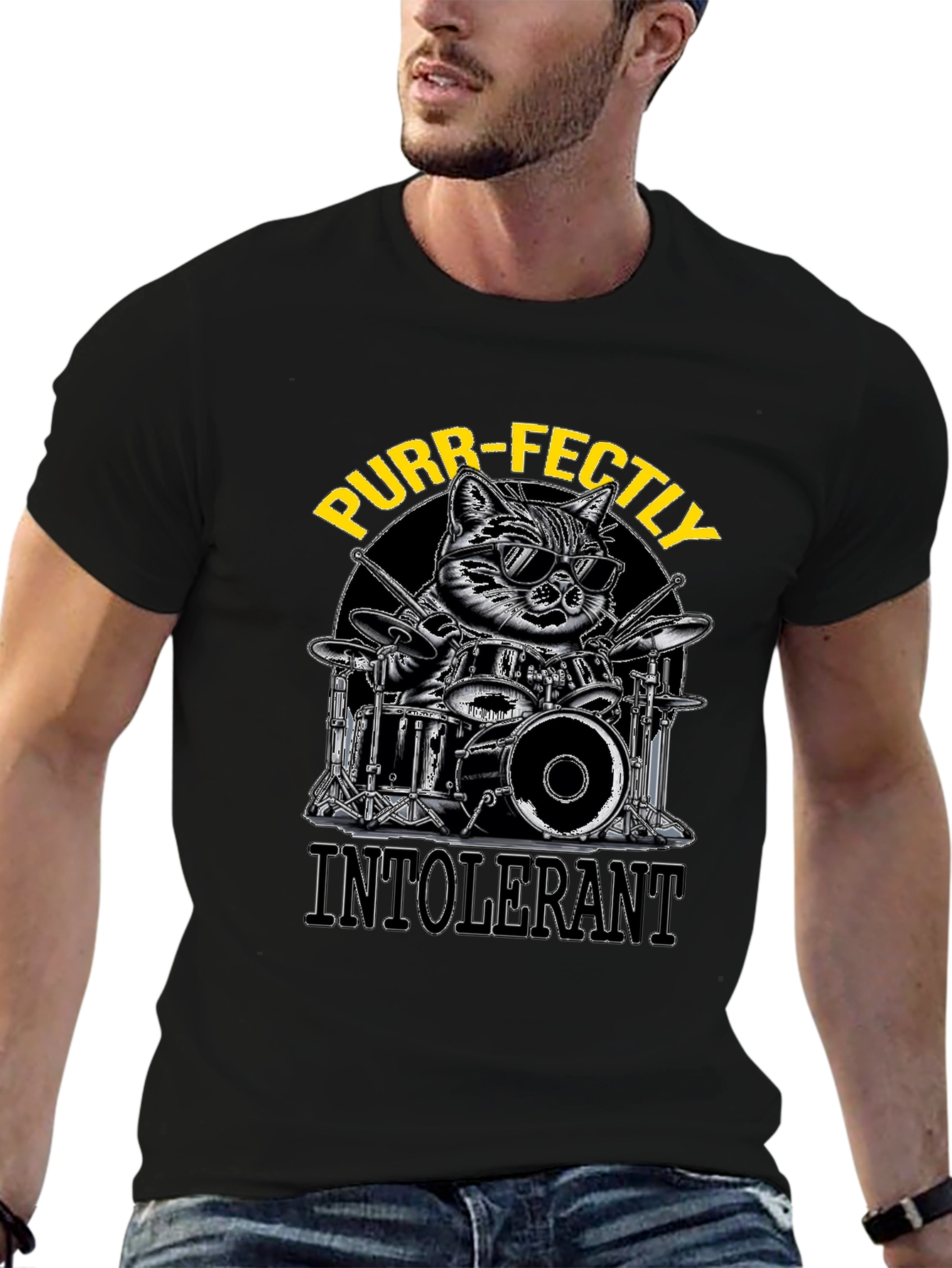 Purr-fectly Intolerant Cat Drummer T-Shirt