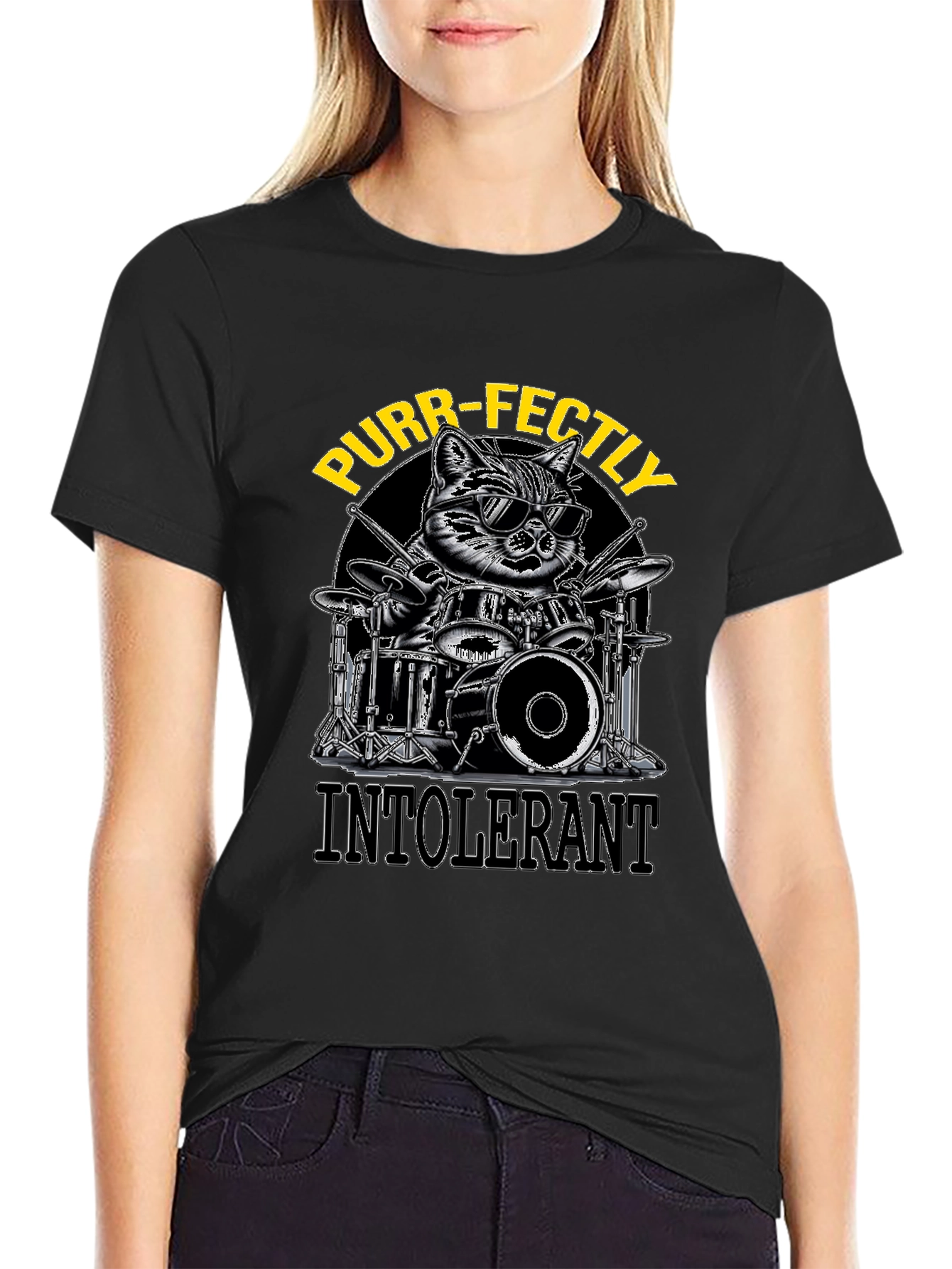 Purr-fectly Intolerant Cat Drummer T-Shirt