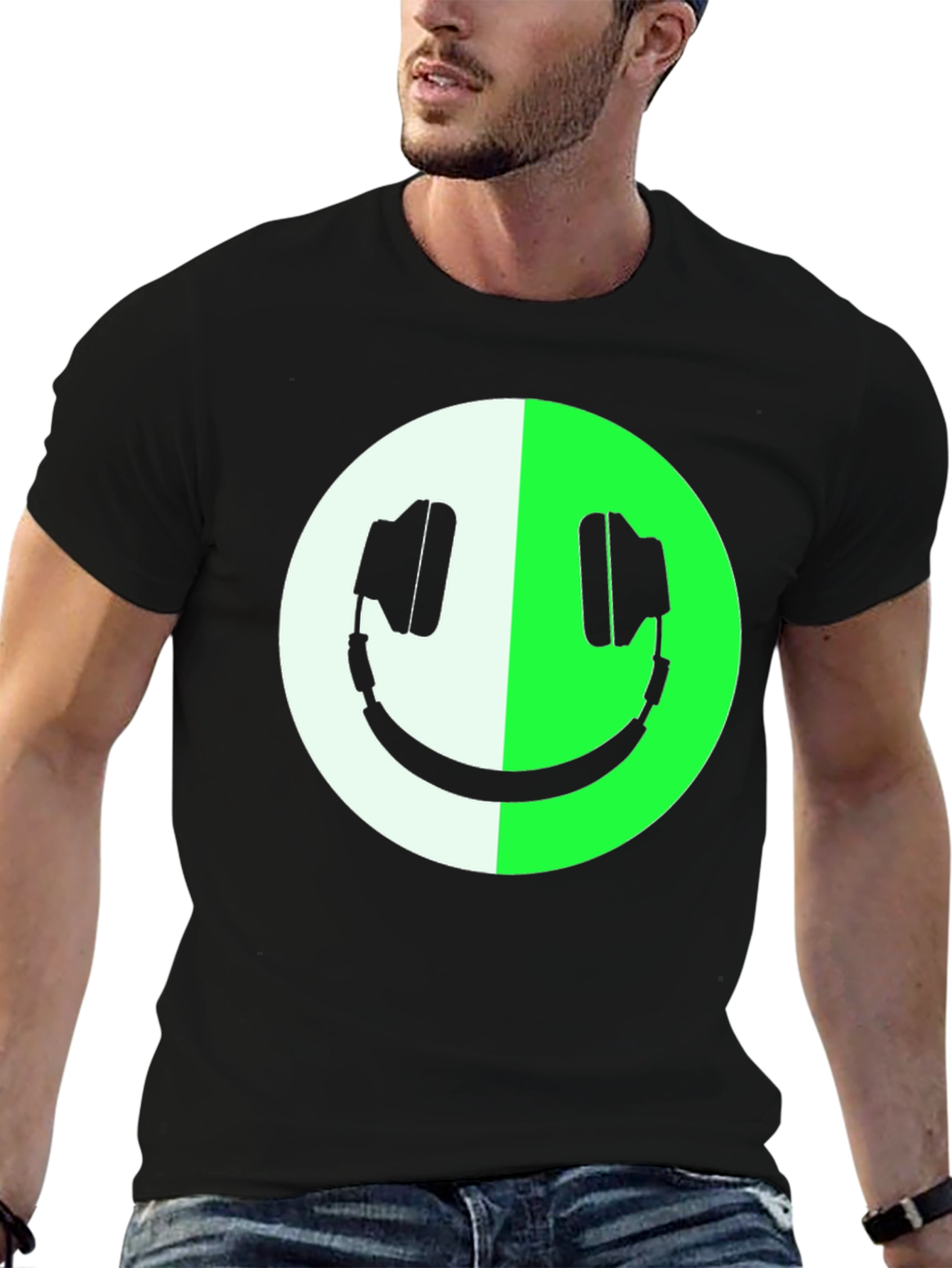 Headphone Smiley Face Graphic Tee - Black