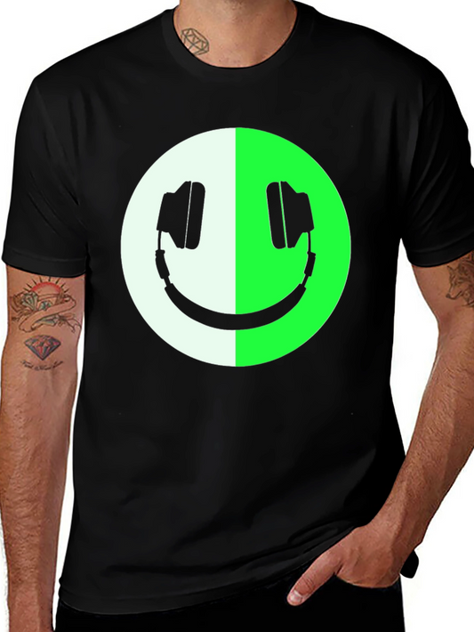 Headphone Smiley Face Graphic Tee - Black