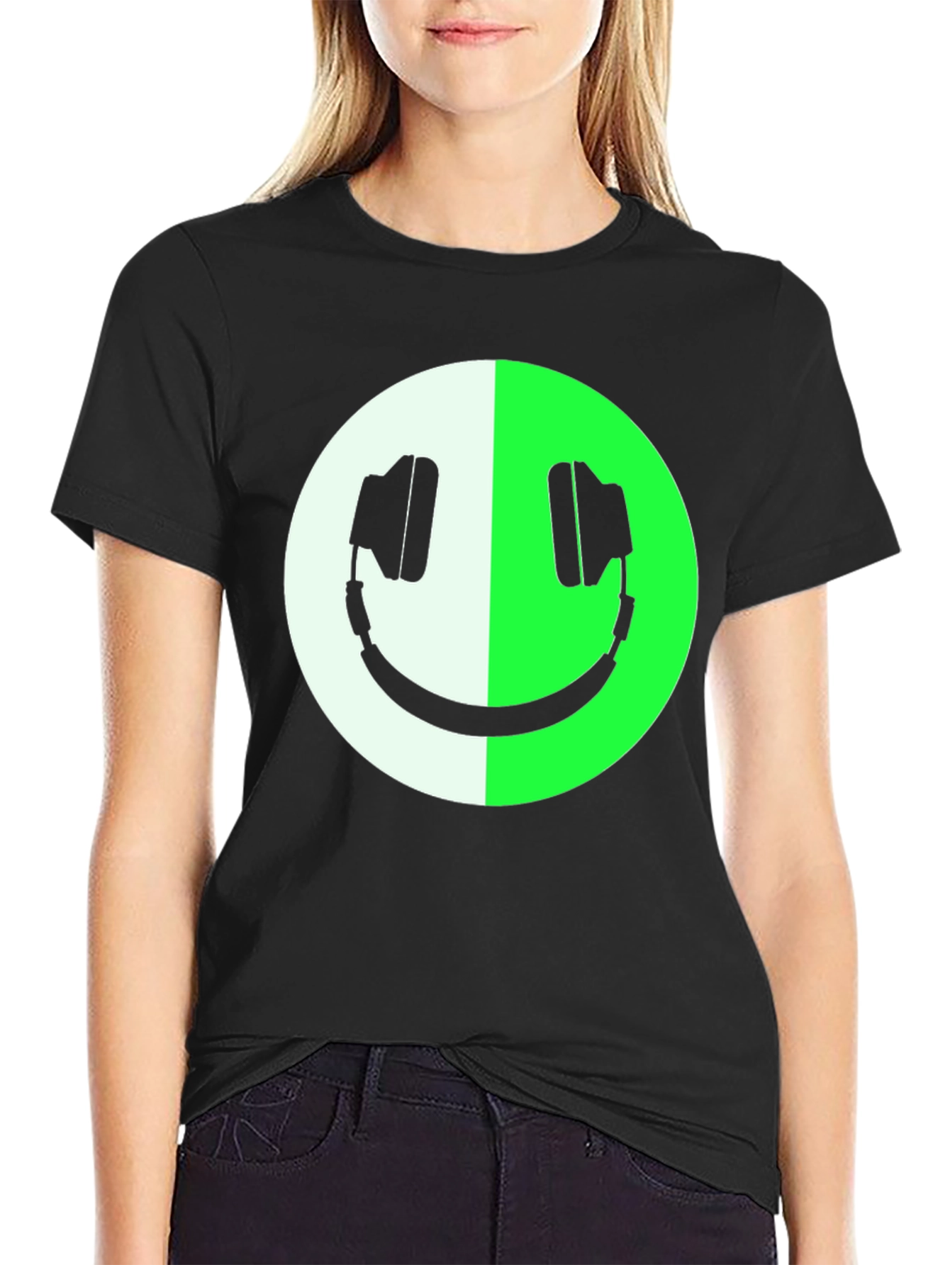 Headphone Smiley Face Graphic Tee - Black