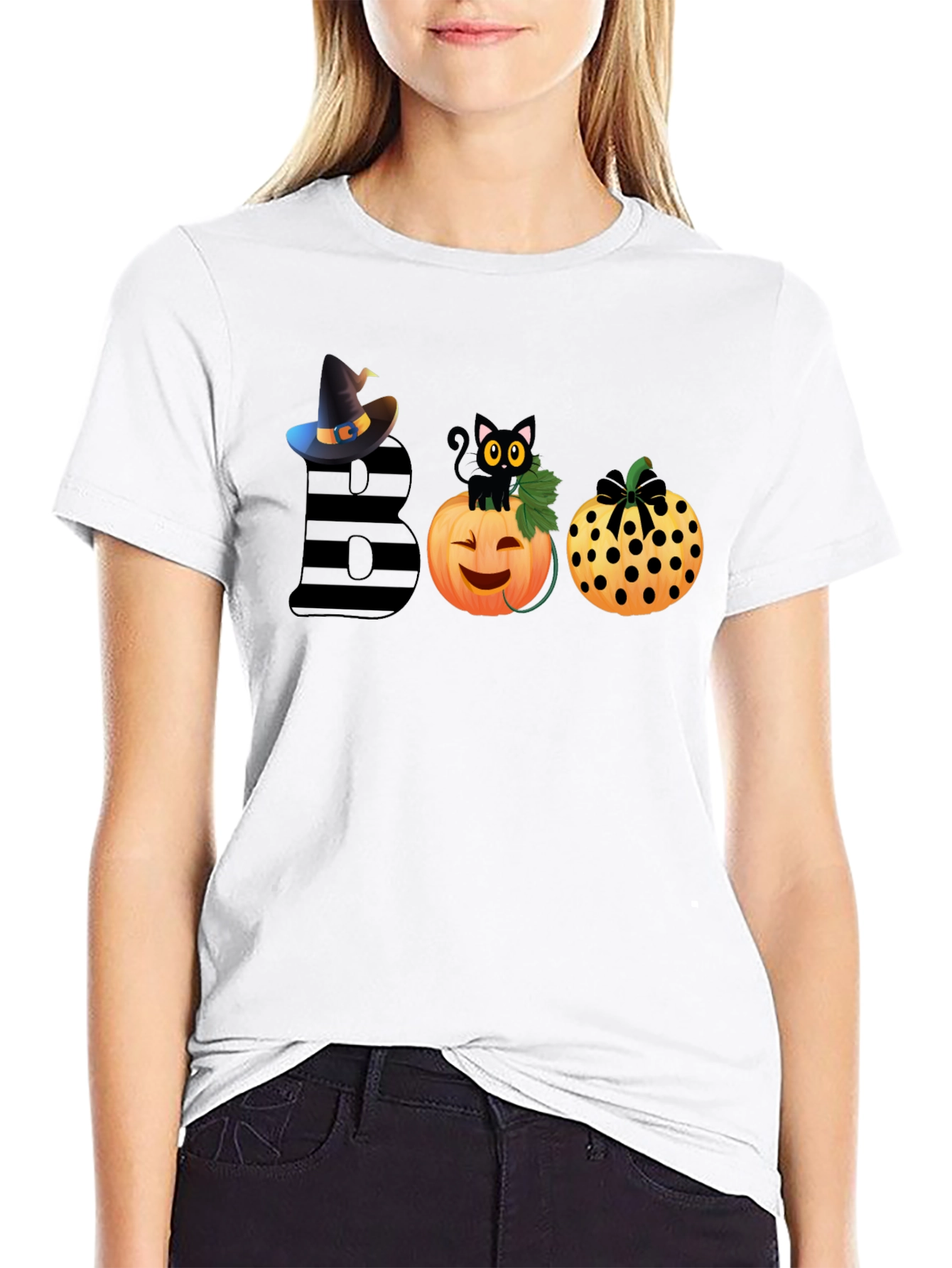 Halloween BOO T-Shirt with Witch Hat & Black Cat