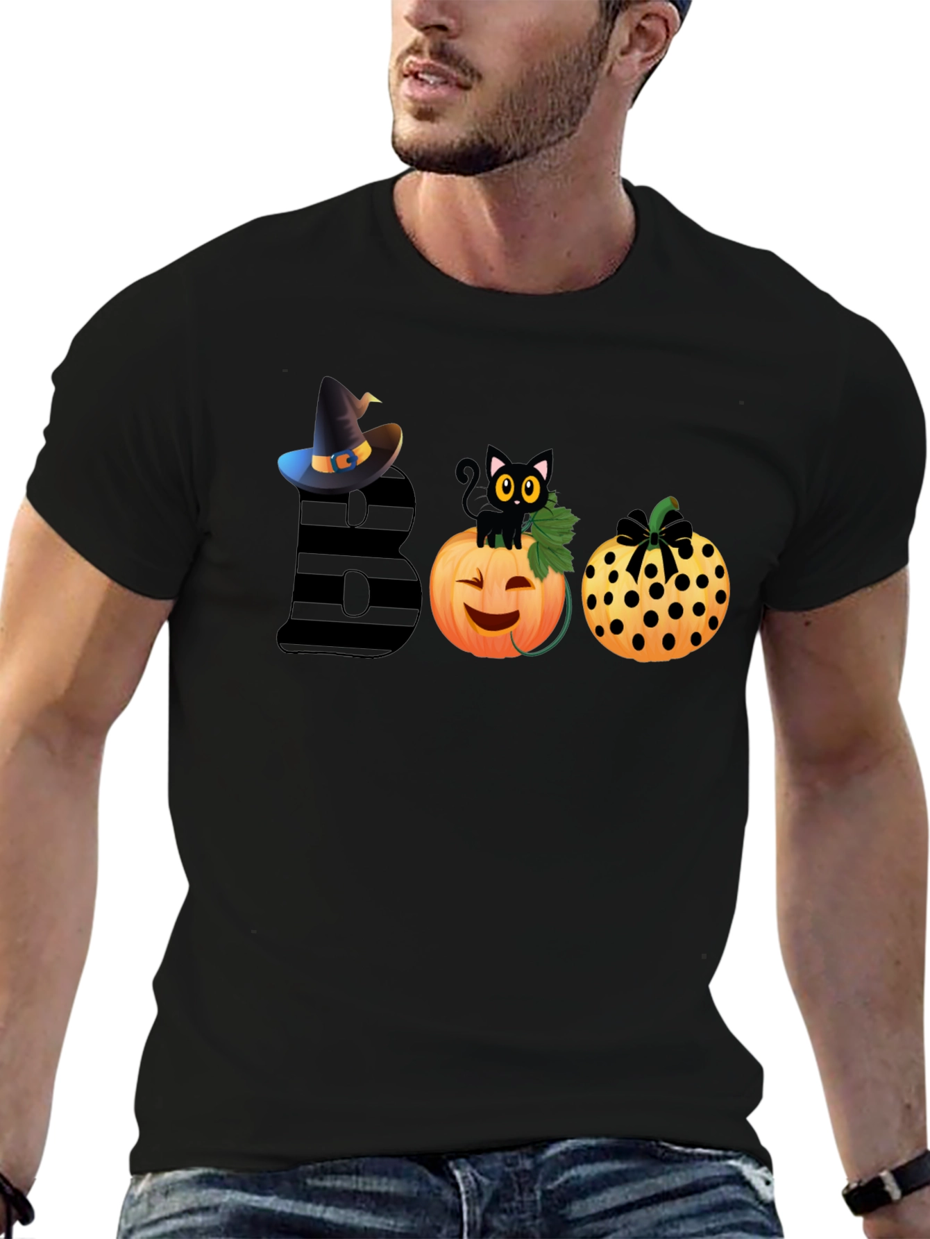 Halloween BOO T-Shirt with Witch Hat & Black Cat