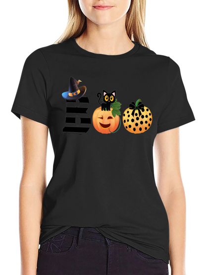 Halloween BOO T-Shirt with Witch Hat & Black Cat