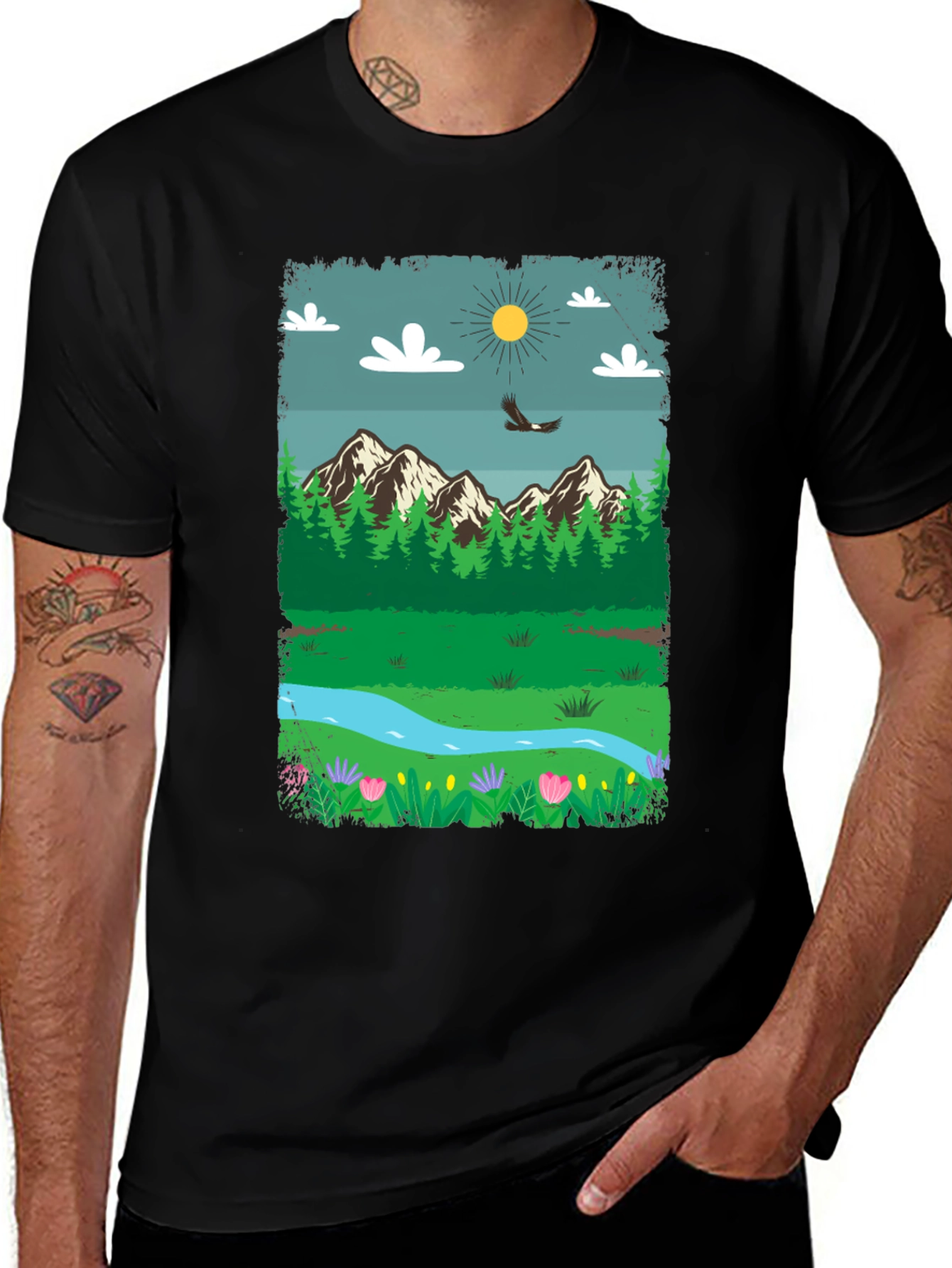 Nature Scene Graphic Tee - Mountain Landscape Design