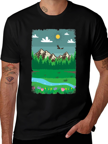 Nature Scene Graphic Tee - Mountain Landscape Design