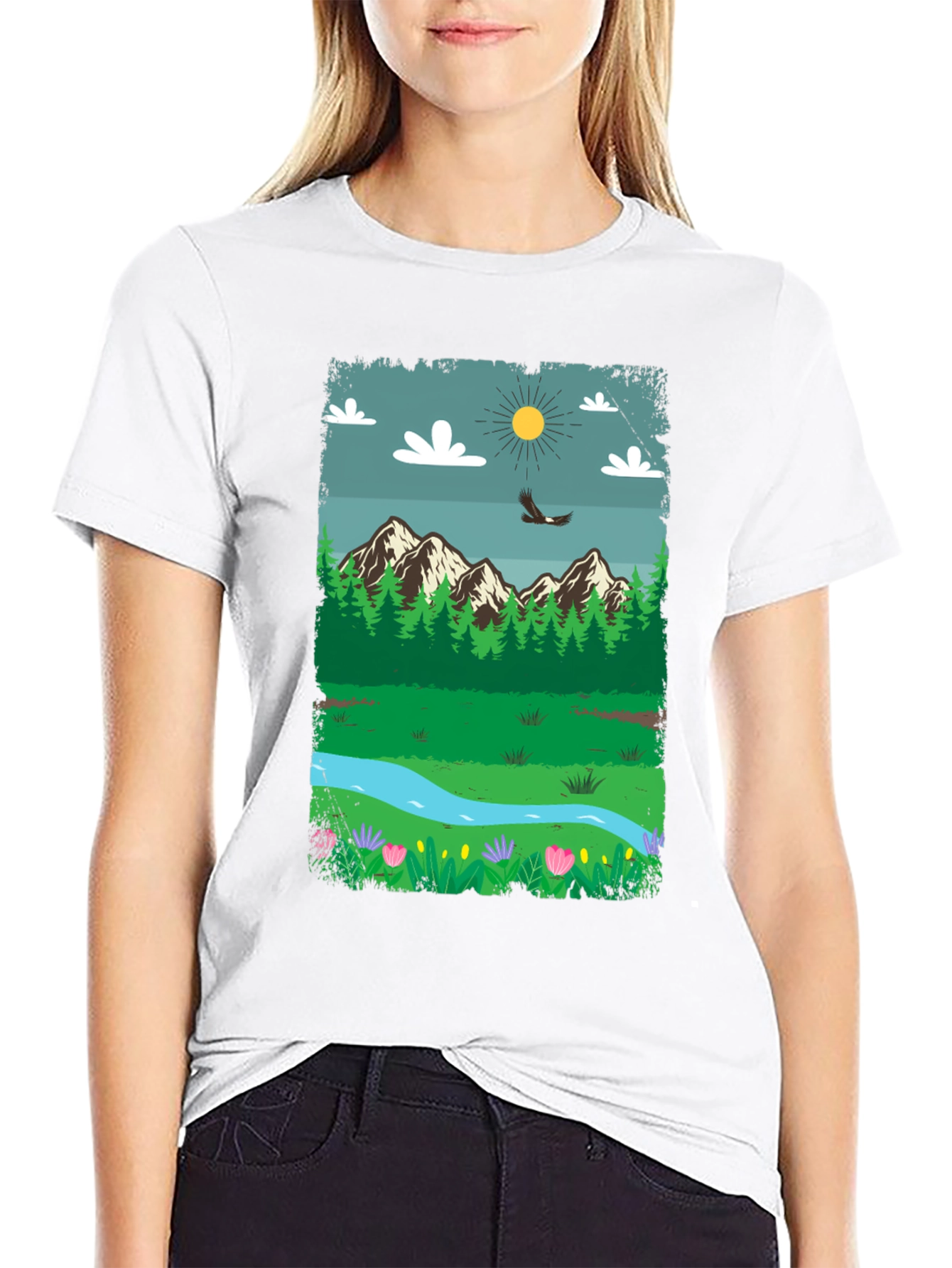 Nature Scene Graphic Tee - Mountain Landscape Design