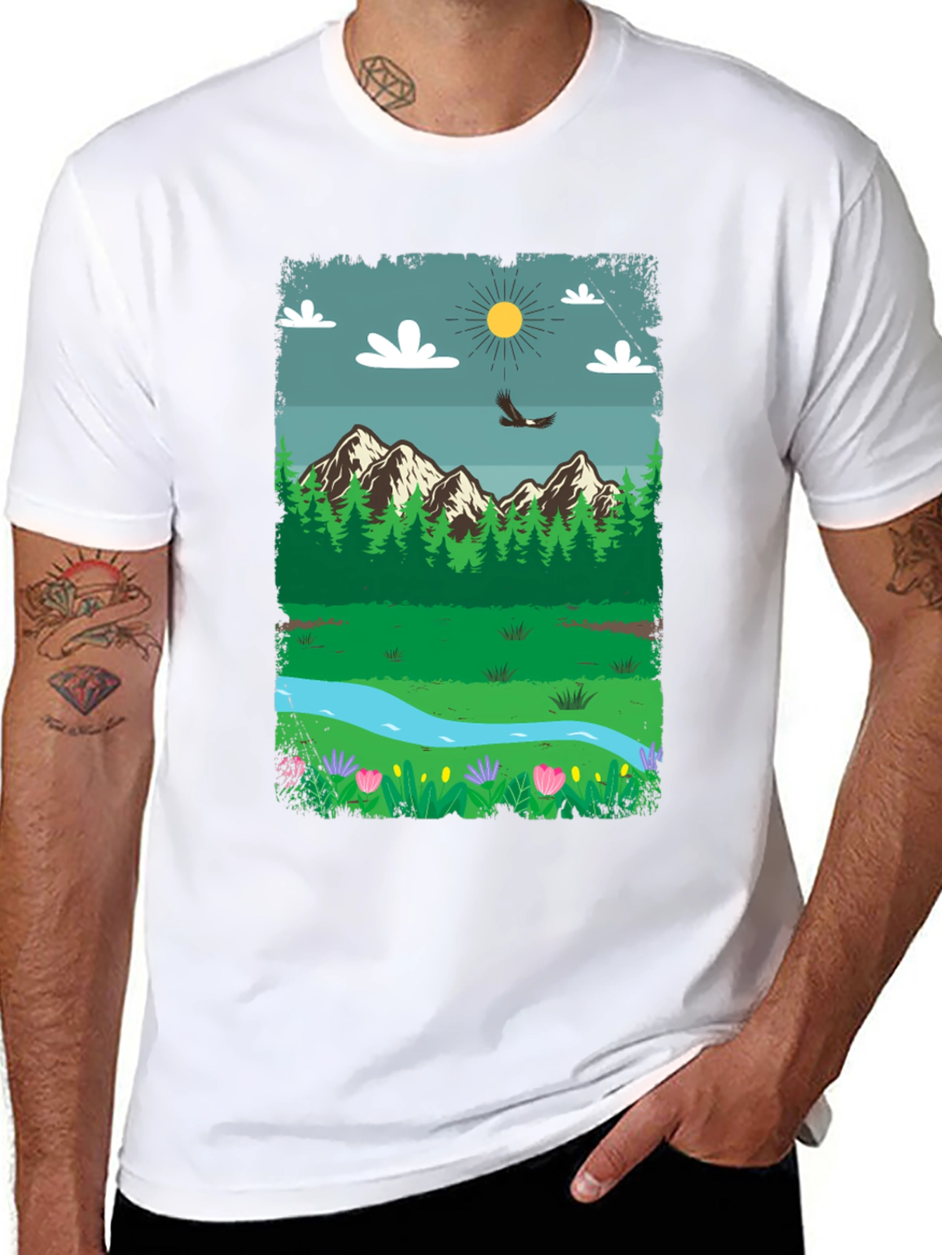 Nature Scene Graphic Tee - Mountain Landscape Design