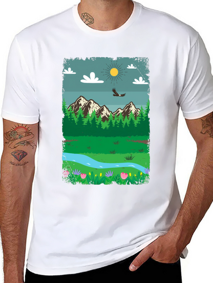 Nature Scene Graphic Tee - Mountain Landscape Design