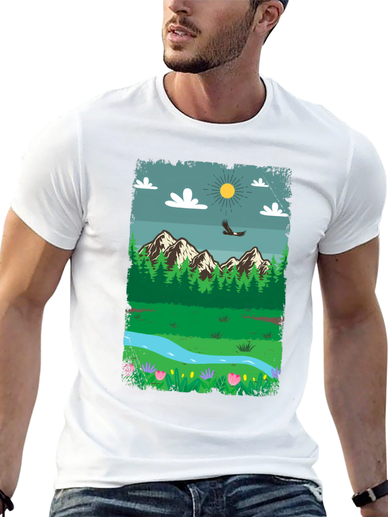 Nature Scene Graphic Tee - Mountain Landscape Design