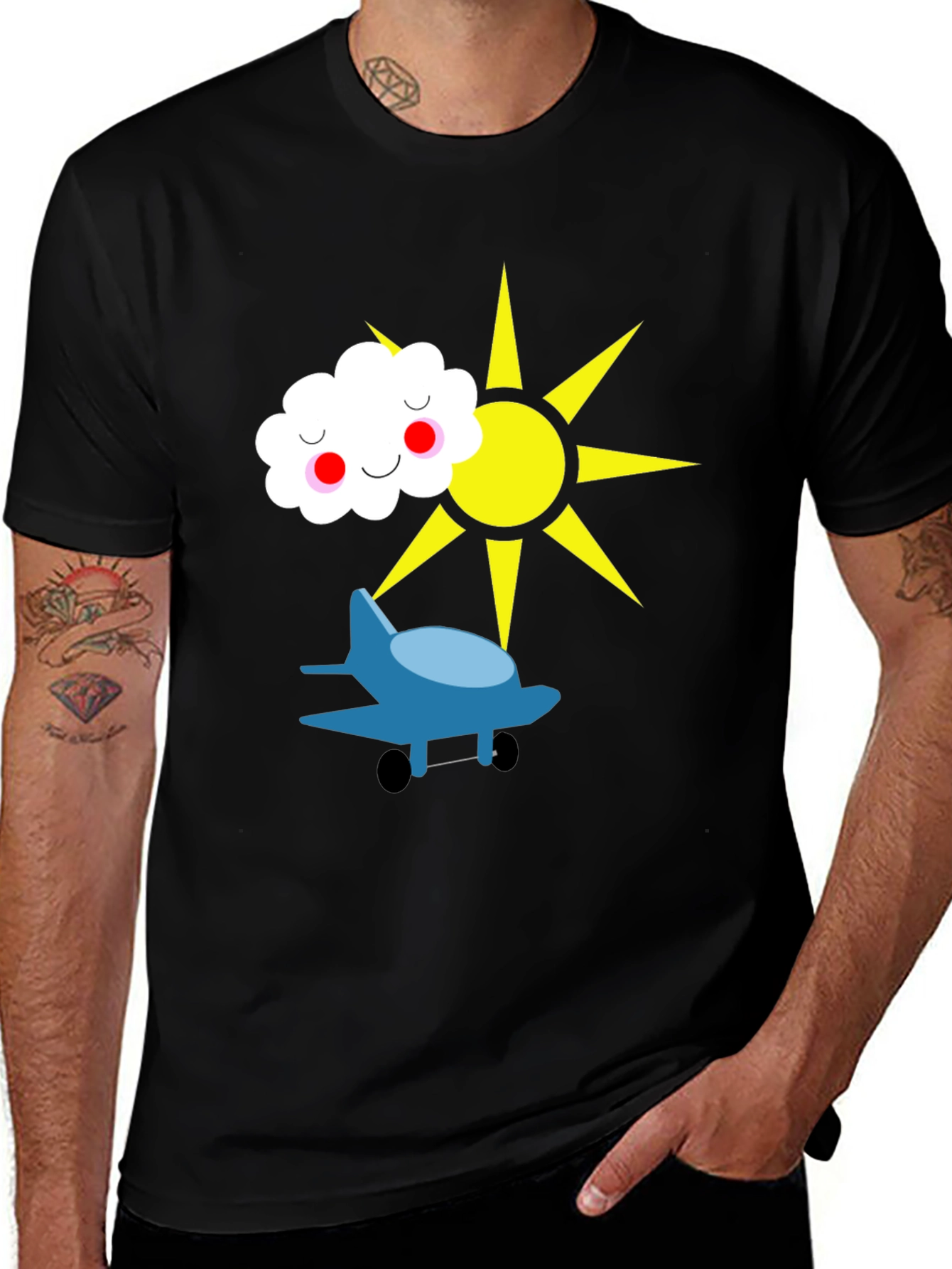 Fun Graphic Tee - Airplane Sun and Cloud Design