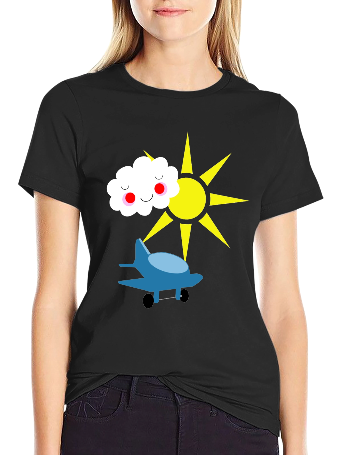 Fun Graphic Tee - Airplane Sun and Cloud Design