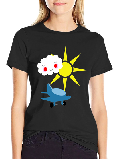 Fun Graphic Tee - Airplane Sun and Cloud Design
