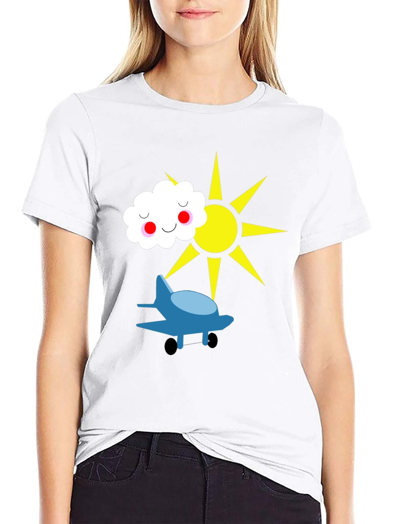 Fun Graphic Tee - Airplane Sun and Cloud Design