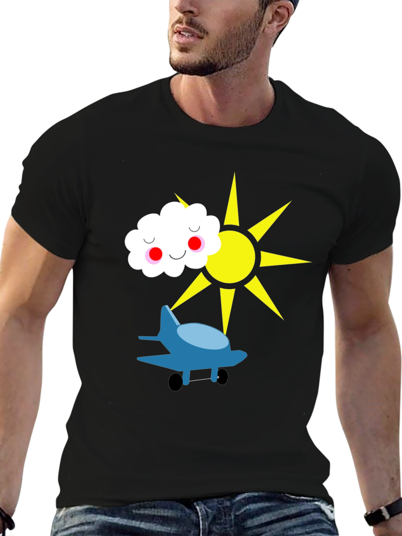 Fun Graphic Tee - Airplane Sun and Cloud Design