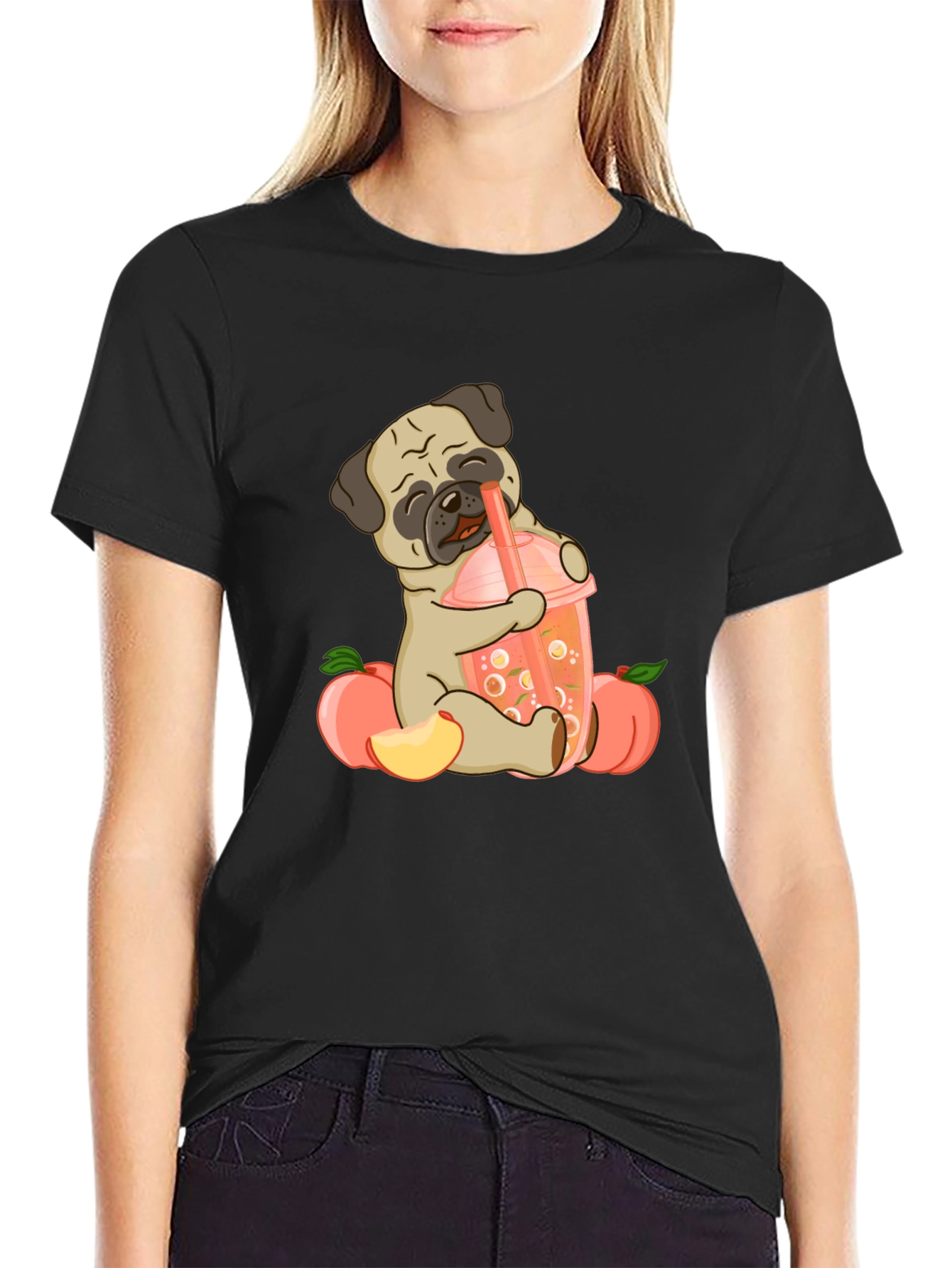 Cute Pug Peach Boba T-Shirt