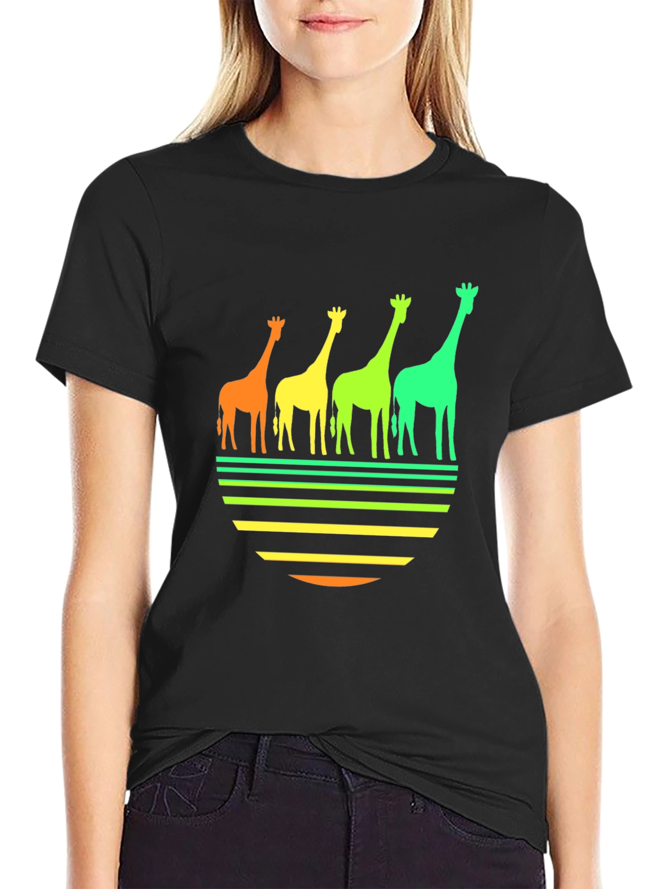 Retro Giraffe Sunset Graphic Tee - Black