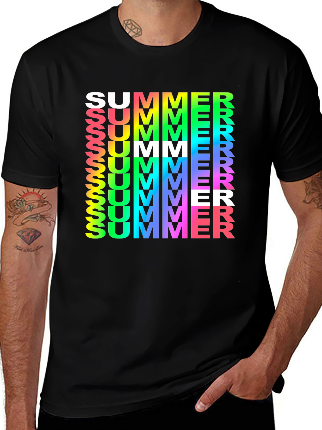 Summer Vibes Graphic Tee - Rainbow Text Black Shirt