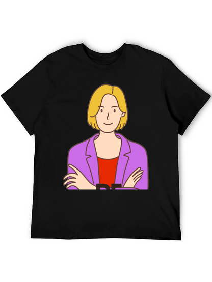 Cartoon Woman Graphic Tee - Black Cotton T-Shirt
