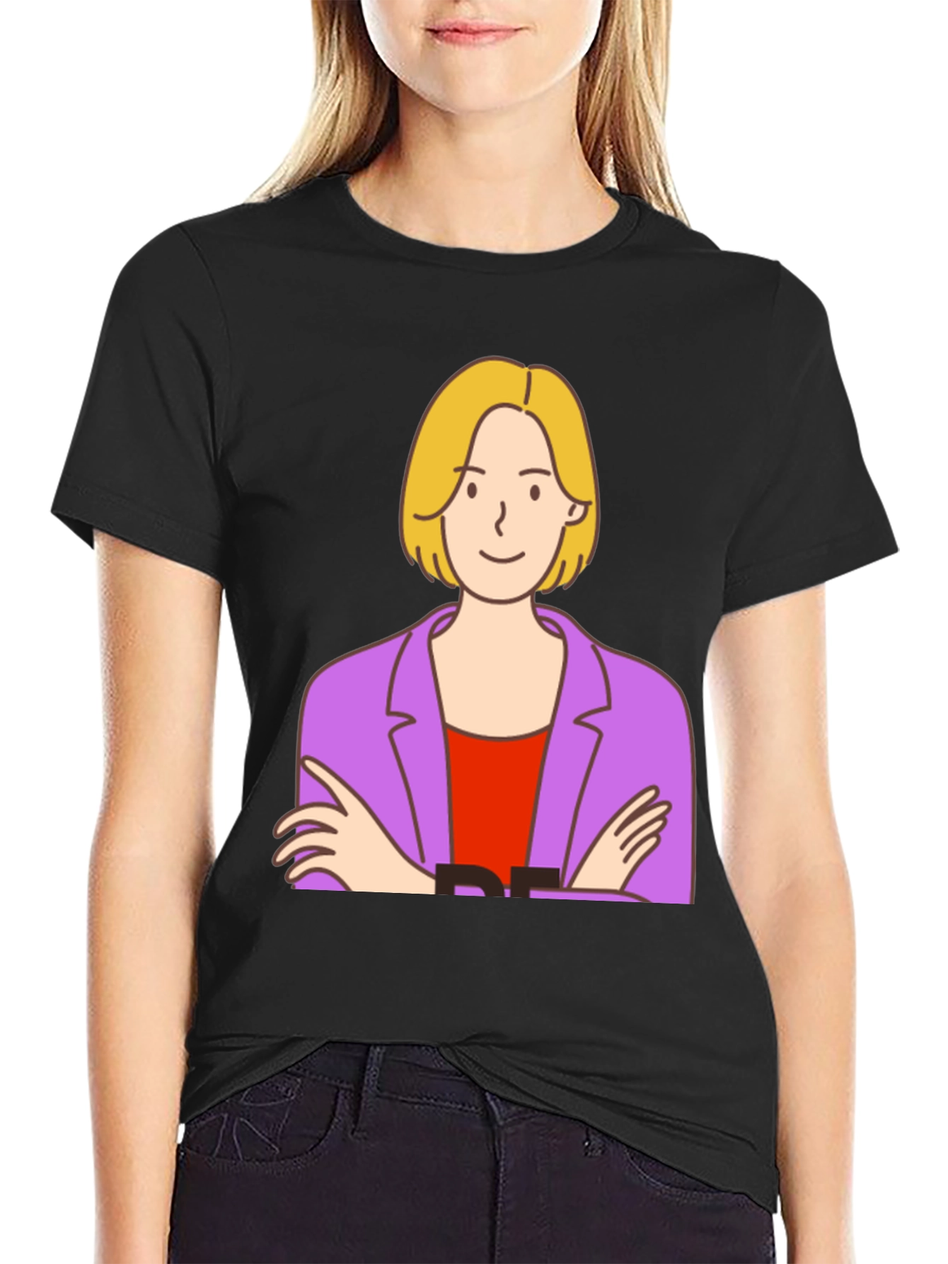 Cartoon Woman Graphic Tee - Black Cotton T-Shirt