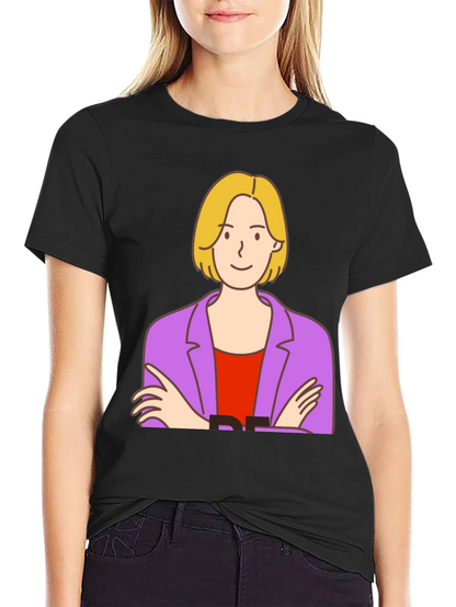 Cartoon Woman Graphic Tee - Black Cotton T-Shirt