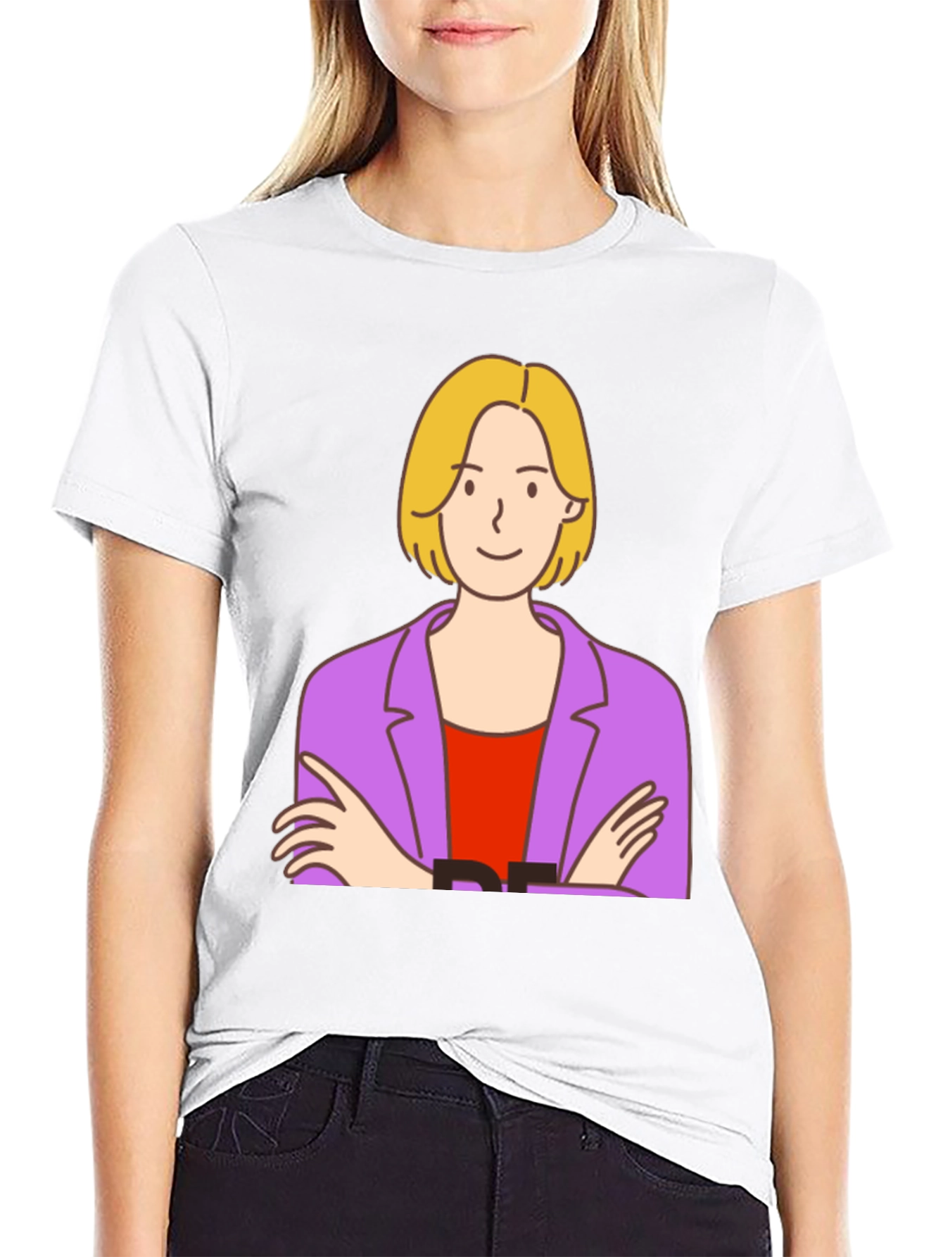 Cartoon Woman Graphic Tee - Black Cotton T-Shirt