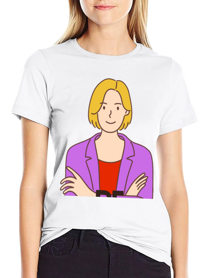 Cartoon Woman Graphic Tee - Black Cotton T-Shirt
