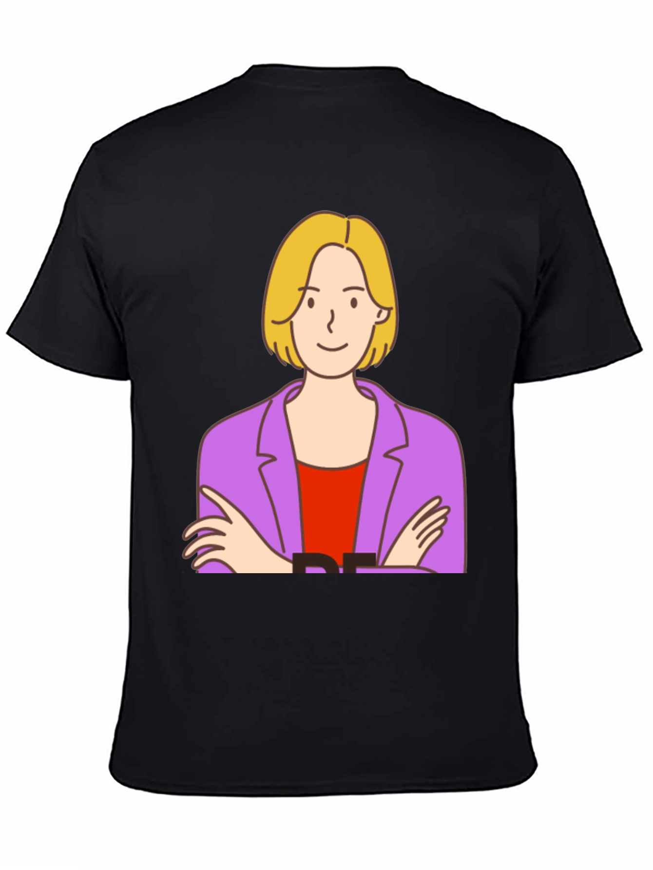 Cartoon Woman Graphic Tee - Black Cotton T-Shirt