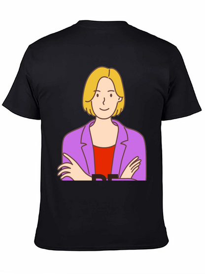 Cartoon Woman Graphic Tee - Black Cotton T-Shirt