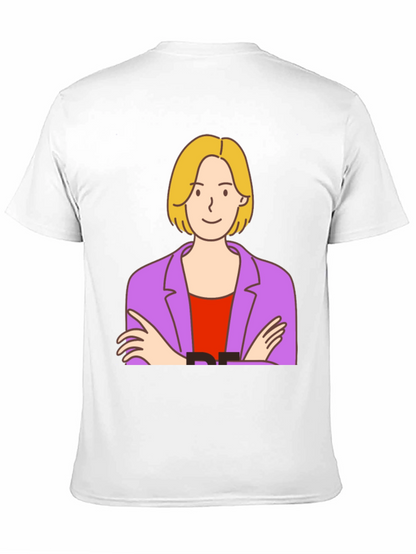 Cartoon Woman Graphic Tee - Black Cotton T-Shirt