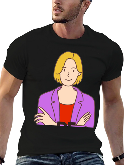 Cartoon Woman Graphic Tee - Black Cotton T-Shirt