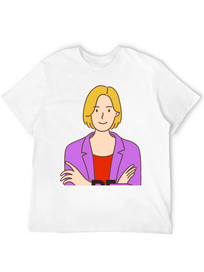 Cartoon Woman Graphic Tee - Black Cotton T-Shirt