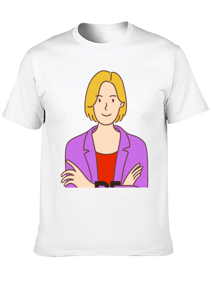 Cartoon Woman Graphic Tee - Black Cotton T-Shirt