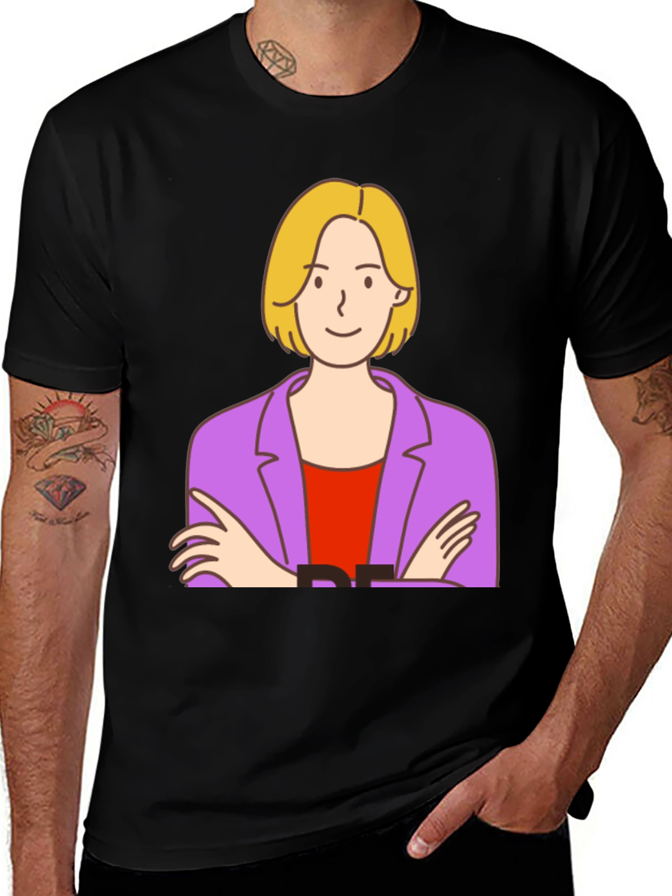 Cartoon Woman Graphic Tee - Black Cotton T-Shirt