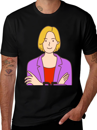 Cartoon Woman Graphic Tee - Black Cotton T-Shirt