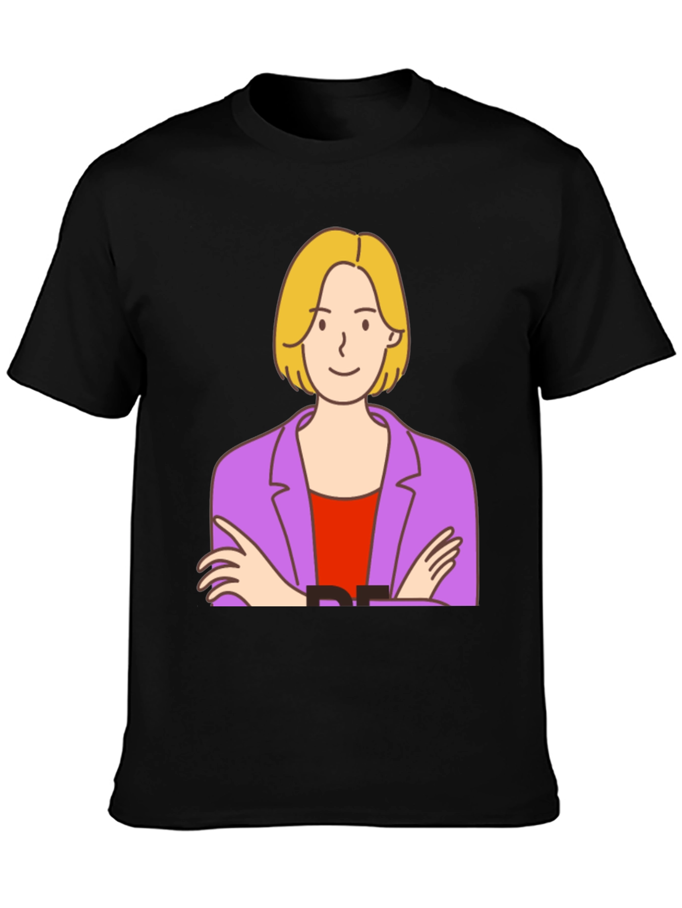 Cartoon Woman Graphic Tee - Black Cotton T-Shirt