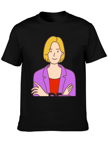 Cartoon Woman Graphic Tee - Black Cotton T-Shirt