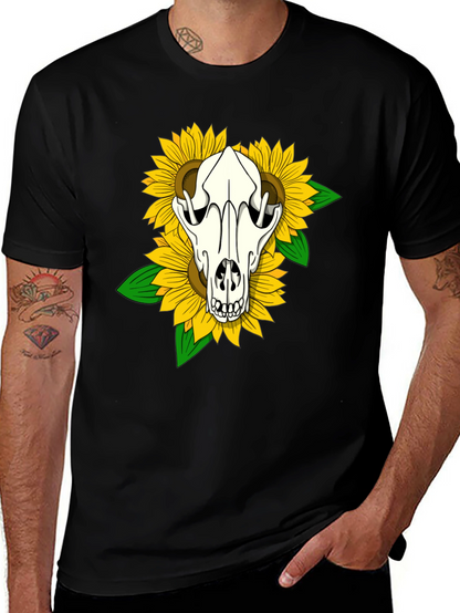 Skull & Sunflower Graphic Tee - Black Cotton T-Shirt