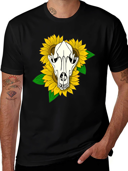Skull & Sunflower Graphic Tee - Black Cotton T-Shirt