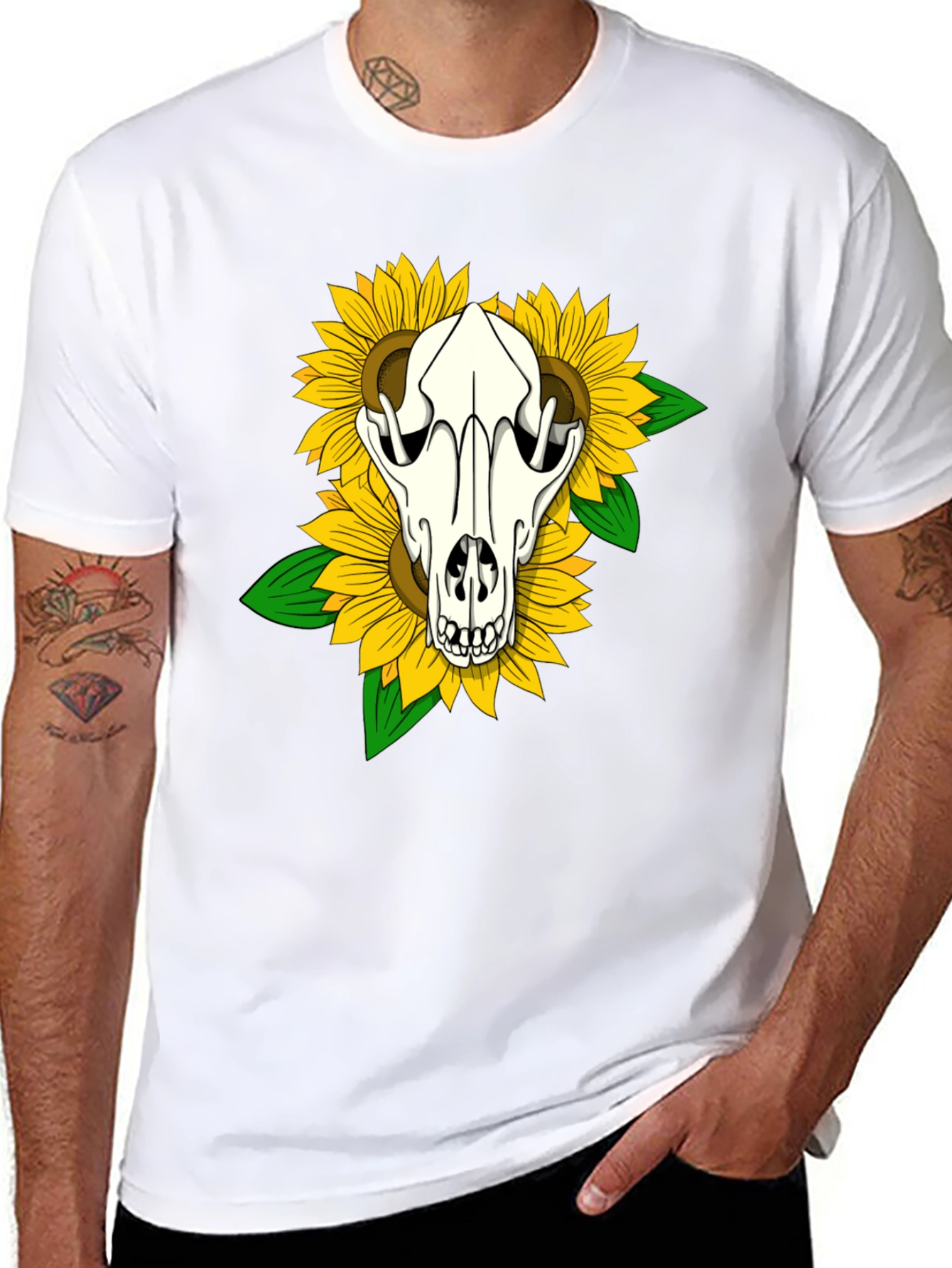 Skull & Sunflower Graphic Tee - Black Cotton T-Shirt