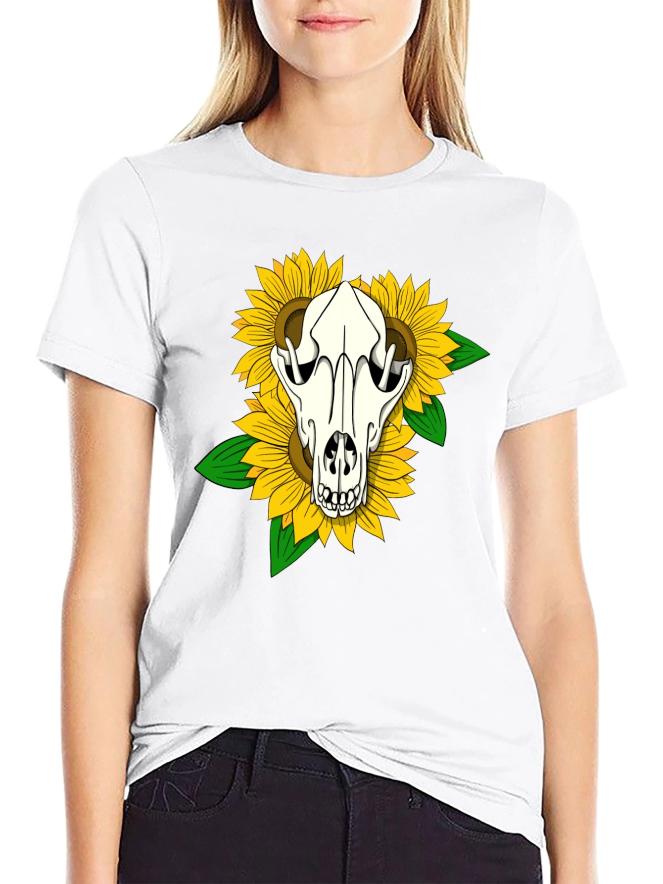 Skull & Sunflower Graphic Tee - Black Cotton T-Shirt