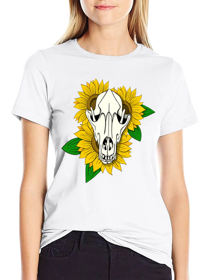 Skull & Sunflower Graphic Tee - Black Cotton T-Shirt